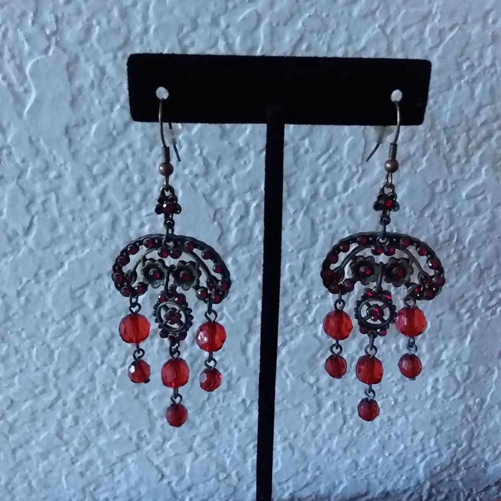 Brass and Orange Beads Dangle Earrrings